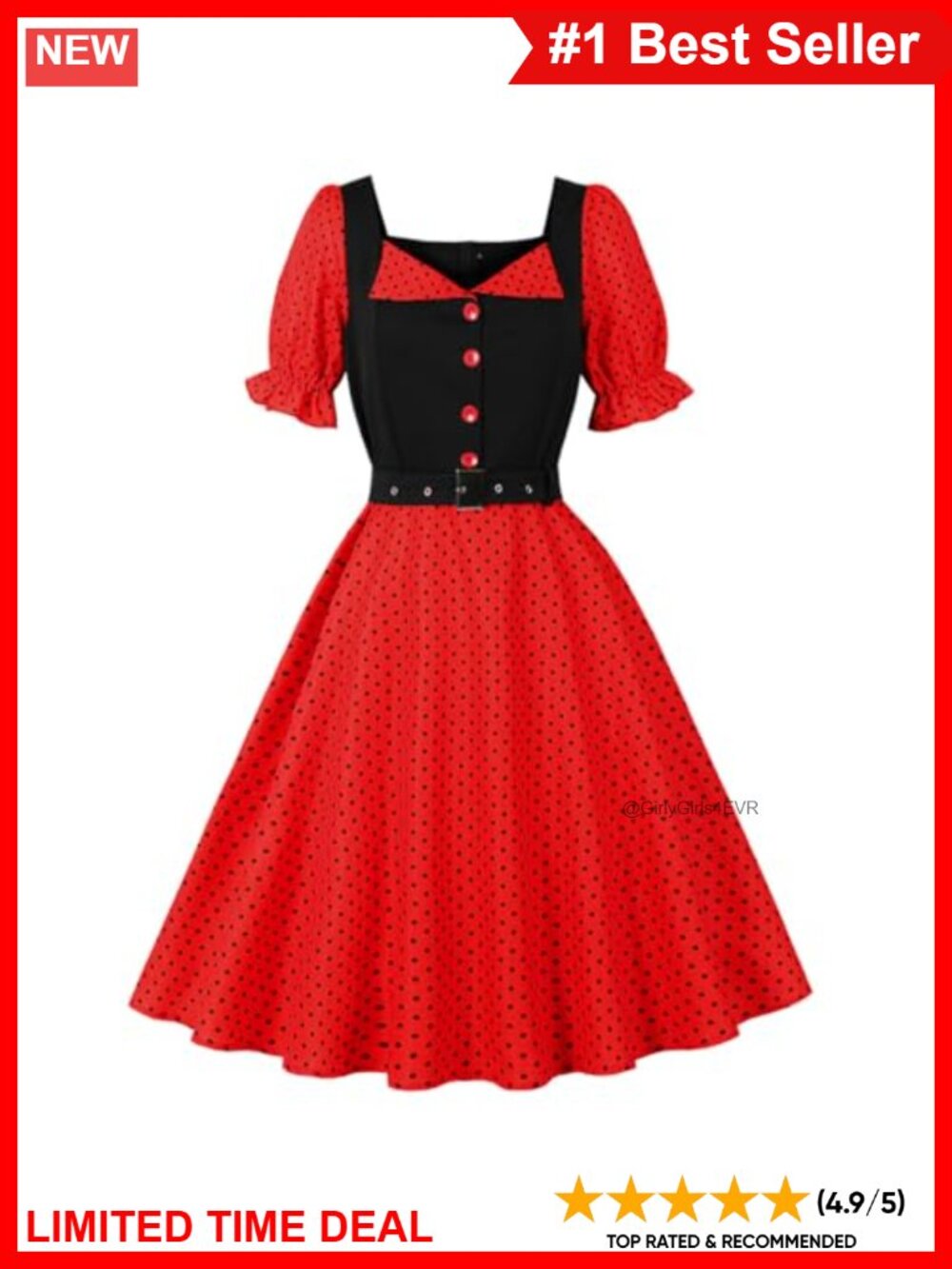 1950s Retro Polka Dot Sweetheart Neck Puff Sleeve Swing Midi Dress